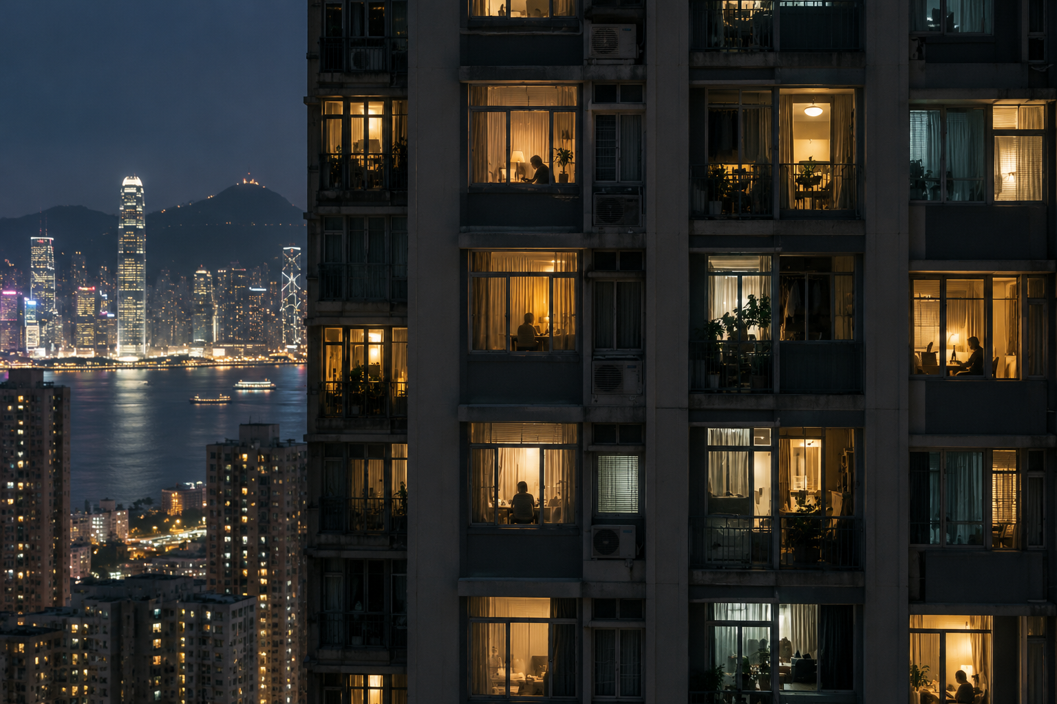 夜晚香港住宅大廈嘅萬家燈火，象徵無數匿名卻互相陪伴嘅生活